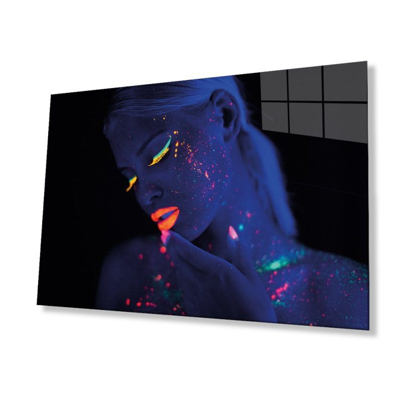 Yeşil Sarı Turuncu Mor Parıltılı Kadın Cam Tablo, Ev ve Ofis Duvar Dekoru, Hediyelik Büyük Cam Tablo