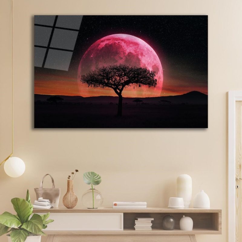 Ağaç Ay Manzara Cam Tablo Modern Ev Ofis Salon Hediyelik Büyük Tablo Duvar Dekoru