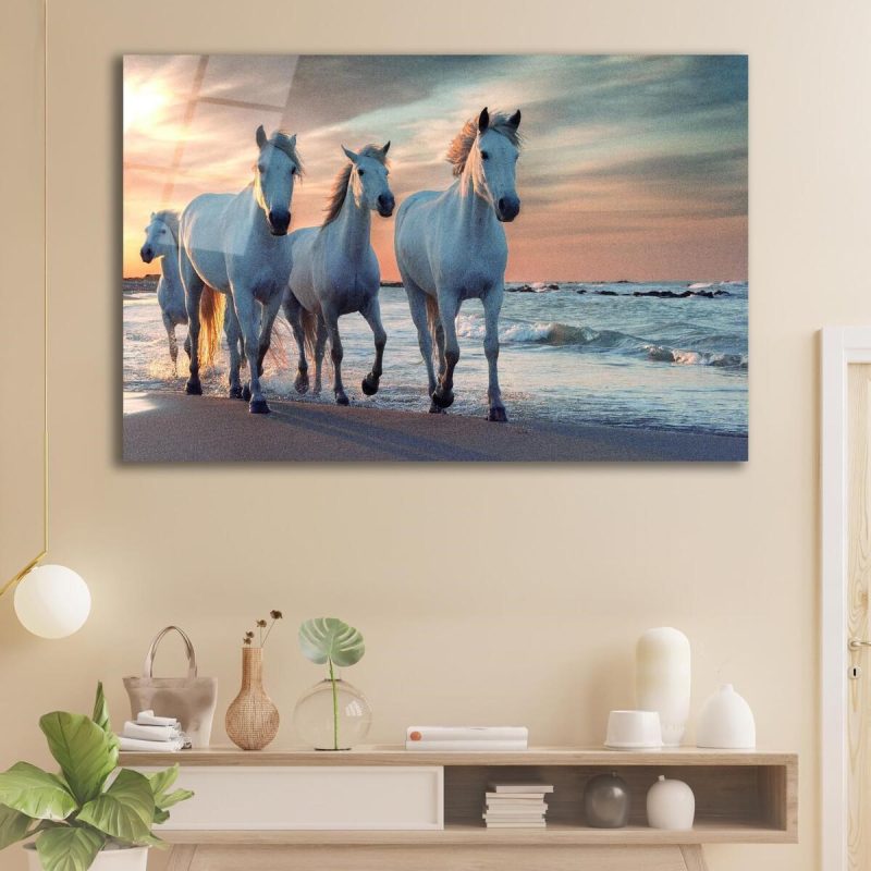 Atlar Deniz Cam Tablo İslami Dini Modern Ev Ofis Salon Hediyelik Büyük Tablo Duvar Dekoru