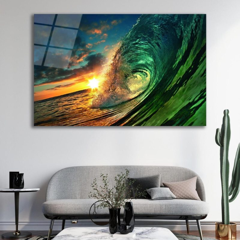 Deniz Dalga Doğa Gün Batımı Cam Tablo İslami Dini Modern Ev Ofis Salon Hediyelik Büyük Tablo Duvar D