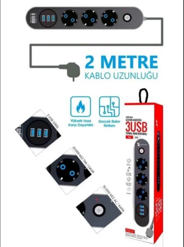 Blic Ftr-01 3 Usb 3 Priz Girişli Termal Akım Korumalı Priz