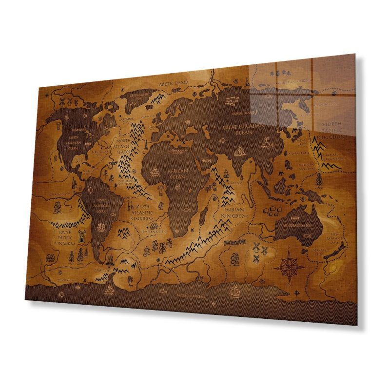 Tarihi Dünya Haritası Cam Tablo, Ev ve Ofis Duvar Dekoru, Hediyelik Büyük Temperli 4 mm Cam Tablo