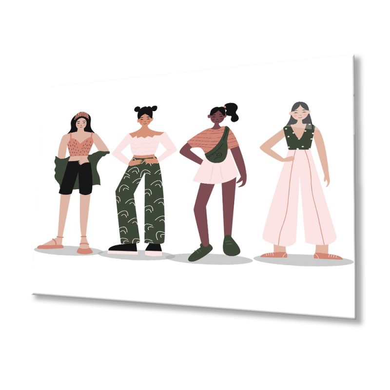İllüstrasyon Karikatür Kızlar Cam Tablo, Ev ve Ofis Duvar Dekoru, Hediyelik Büyük Temperli Cam Tablo