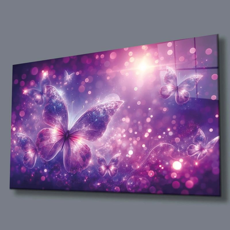 Galaktik Kelebekler Uzayın Işıltılı Bahçesi Cam Tablo Hediyelik Büyük Tablo Ev Ofis Dekoru