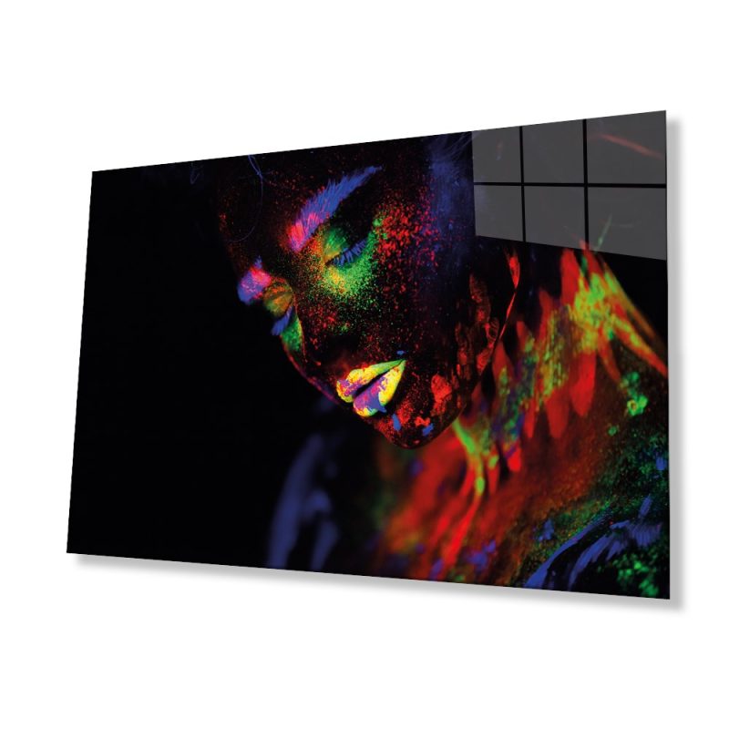 Yeşil Sarı Turuncu Mor Parıltılı Kadın Cam Tablo, Ev ve Ofis Duvar Dekoru, Hediyelik Büyük Cam Tablo