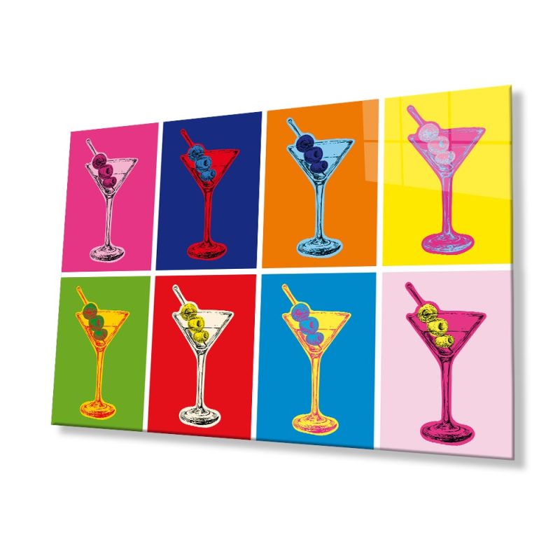 Renkli Kadehler Cam Tablo Ev ve Ofis Duvar Dekoru Hediyelik Büyük Tablo 4mm Dayanıklı Temperli Cam