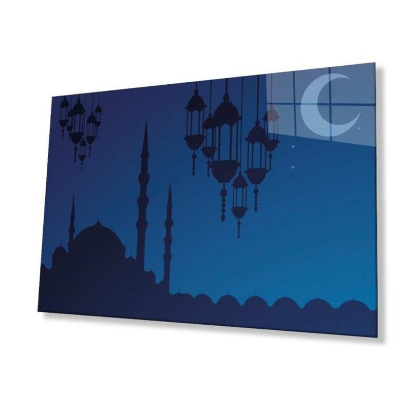 Cami ve Hilal Dini Cam Dekor Tablo 4mm Dayanıklı Temperli Cam
