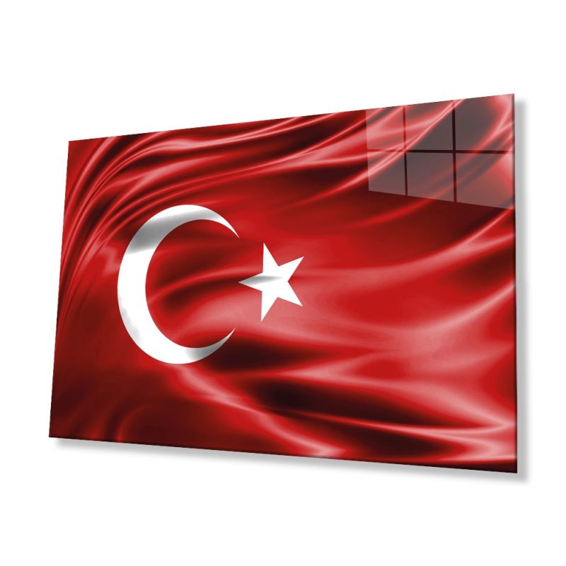 Kırmızı Dalgalı Türk Bayrağı Cam Tablo, Ev ve Ofis Duvar Dekoru, Hediyelik Büyük Temperli Cam Tablo