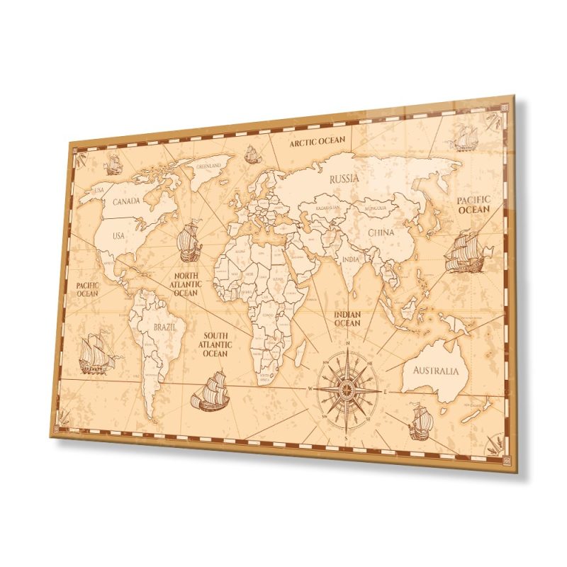 Tarihi Dünya Haritası Cam Tablo, Ev ve Ofis Duvar Dekoru, Hediyelik Büyük Temperli 4 mm Cam Tablo