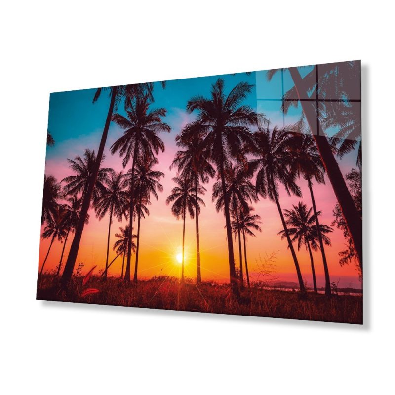 Günbatımı Manzara Palmiyeler Cam Tablo Ev ve Ofis Duvar Dekoru Hediyelik Büyük Tablo Dayanıklı Cam