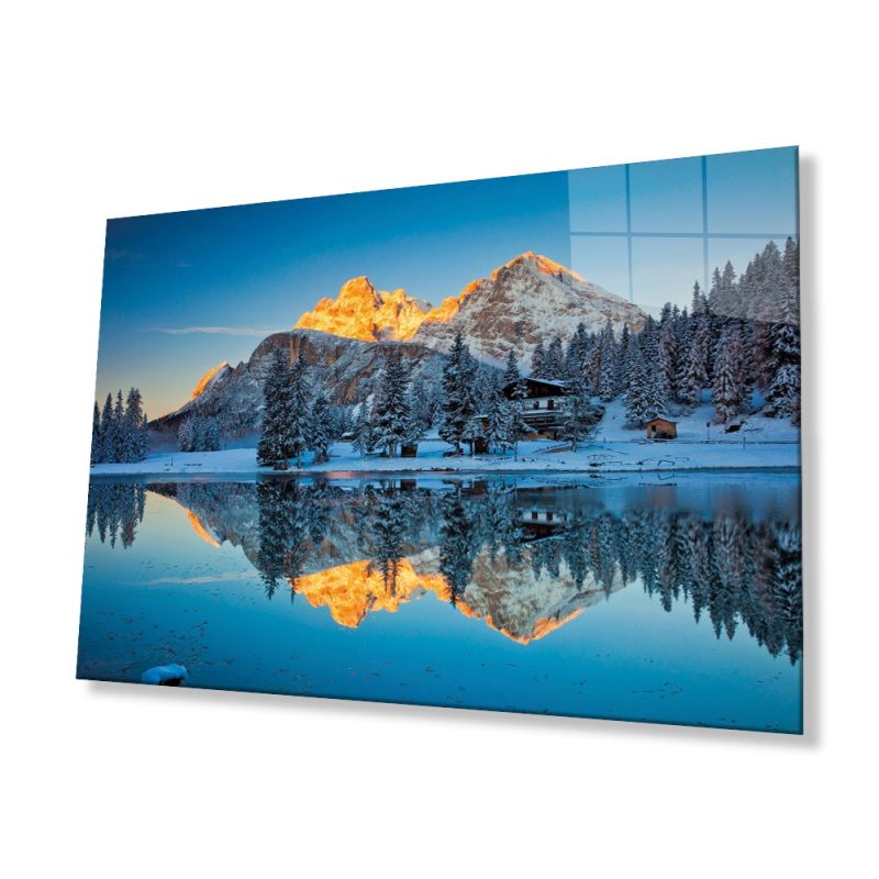 Mavi Dağ Yansıma Manzarası Cam Tablo, Ev ve Ofis Duvar Dekoru, Hediyelik Büyük Temperli Cam Tablo