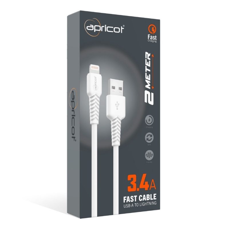 Apricot APC-S330L 2 Metre QC3.4  Lightning Beyaz Hızlı Data + Sarj Kablosu