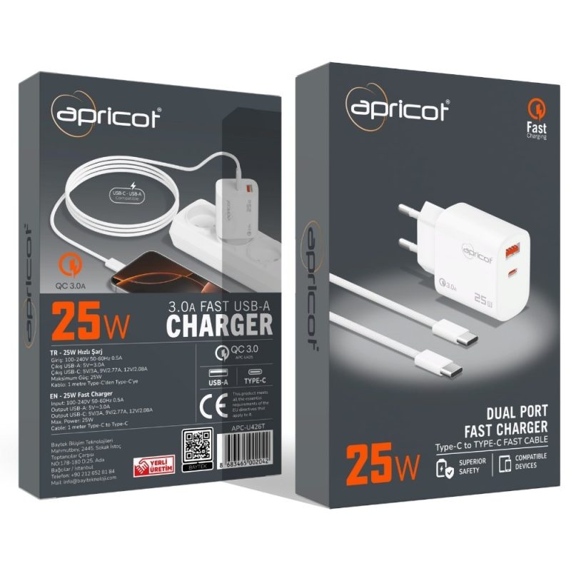 Apricot APC-U426T 25Watt USB + PD Çıkışlı Type-C Kablolu Beyaz Hızlı Şaej Seti