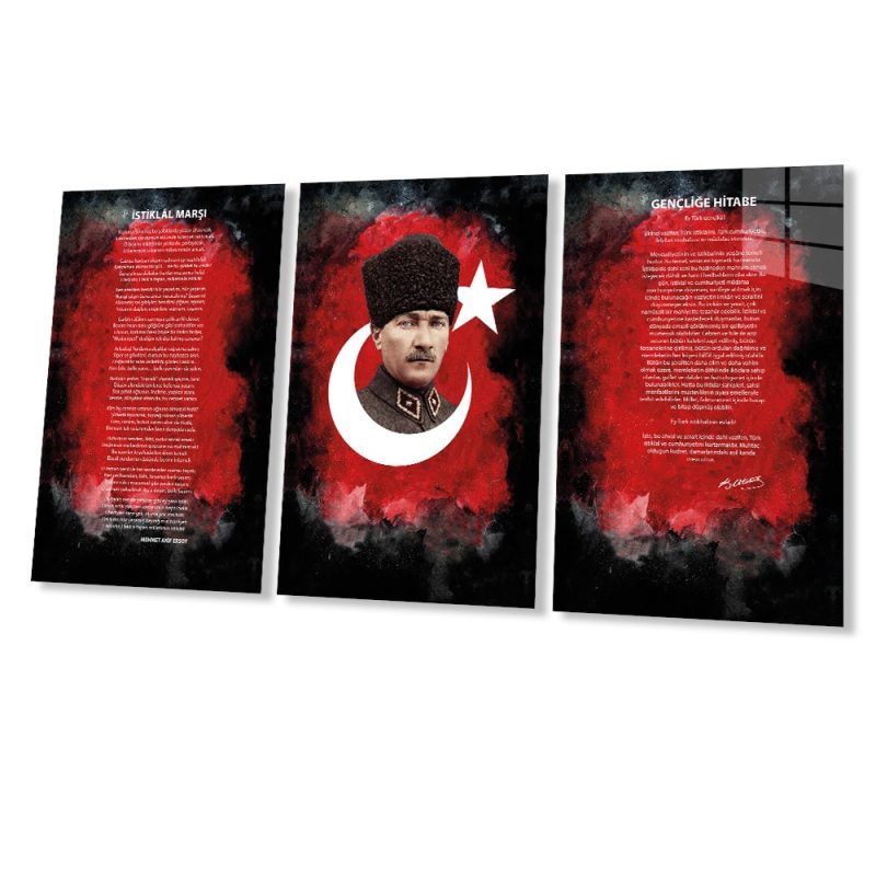 Atatürk - Istiklal Marşı - Gençliğe Hitabe 3 Lü Set Cam Tablo