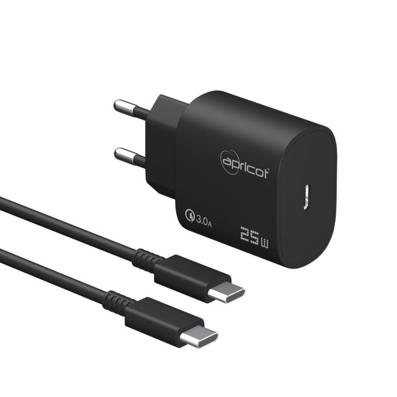 Apricot APC-U425T/B 25W PD Type-C Kablolu Siyah Hızlı Ev Şarj Adaptörü Set