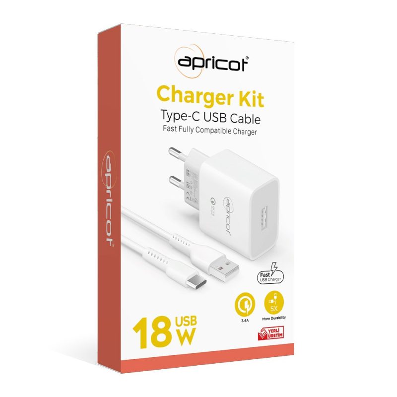 Apricot APC-U310T 3.4A Beyaz Type-C +  Ev Şarj Adaptörü Seti