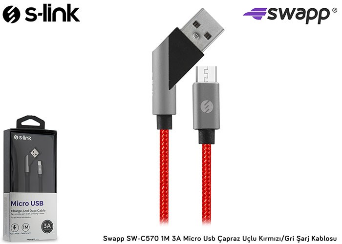 S-link Swapp SW-C570 1M 3A Micro Usb Çapraz Uçlu Kırmızı/Gri Şarj Kablosu