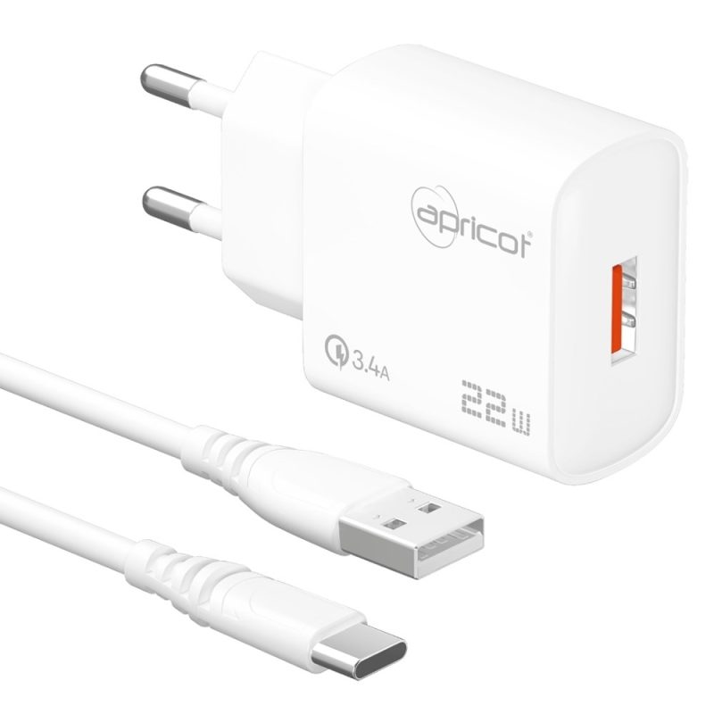 Apricot APC-U422T 22W TYPE-C Kablolu Beyaz Hızlı Ev Şarj Adaptörü Set
