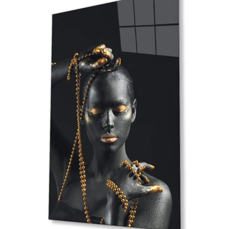 Altın Dudak Afrikalı Kadın Cam Tablo
