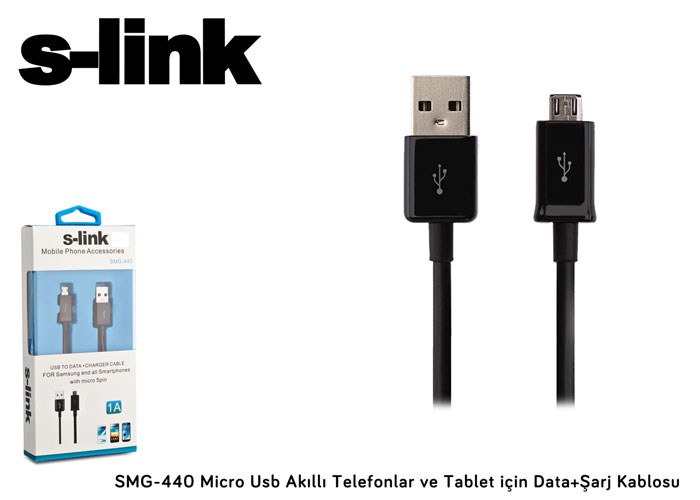 S-link SMG-440 1300MA Micro Usb Akıllı Telefonlar ve Siyah Tablet için Data+Şarj Kablosu