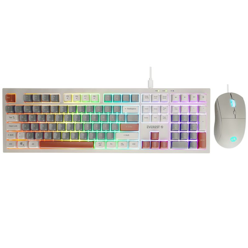 Everest KM-77 Runa Gri/Krem/Kahve Usb Rainbow Aydınlatmalı Sessiz Q Klavye + Mouse Set