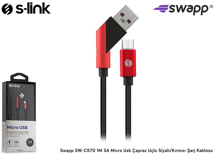 S-link Swapp SW-C570 1M 3A Micro Usb Çapraz Uçlu Siyah/Kırmızı Şarj Kablosu