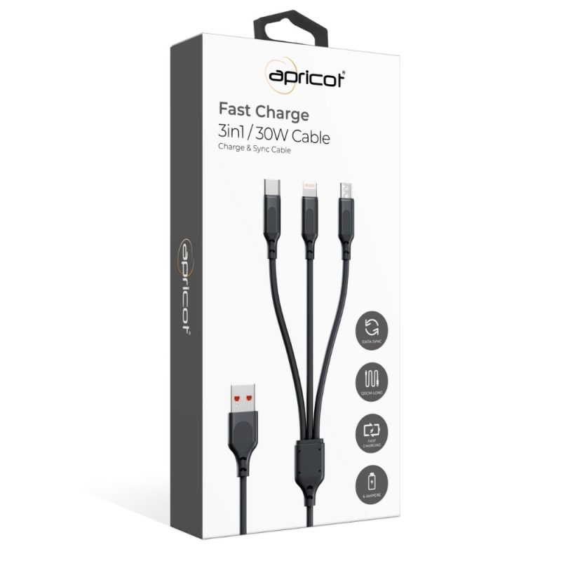 Apricot APC-X300 1.2 M Micro USB + Lightning + Type-c 3 in 1 Siyah Şarj Kablosu