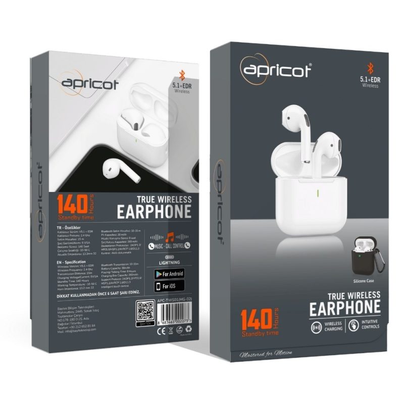 Apricot APC-TWS01 Beyaz V5.1 260mah Silikon Kılıflı Lightning Girişli Bluetooth Mikrofonlu Kulaklık