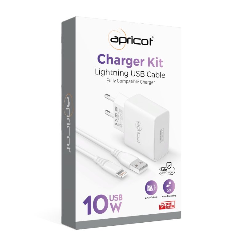 Apricot APC-U210L 2.4A Beyaz Lightning +  Ev Şarj Adaptörü Seti