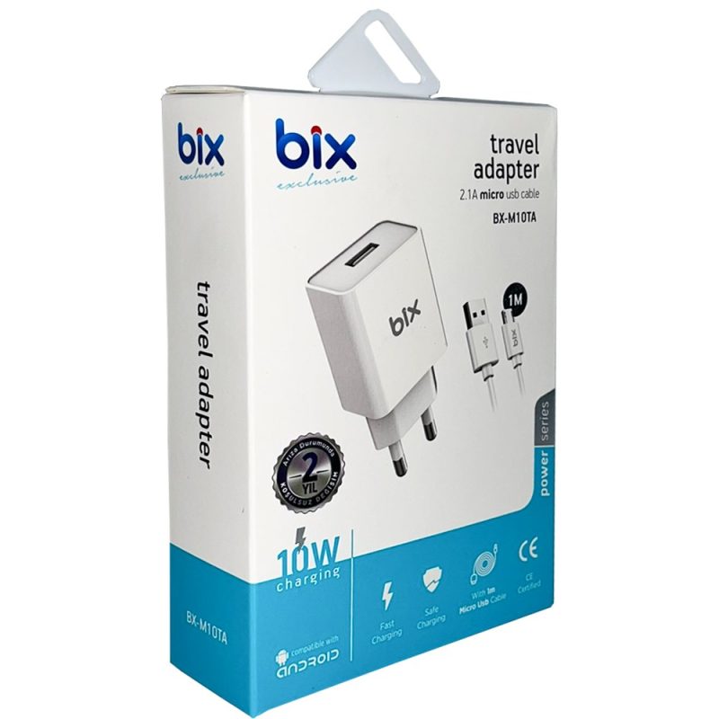 Bix BX-M10TA 1M Micro USB Kablo + 10W Şarj Adaptör Seti