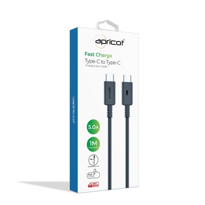 Apricot APC-A160T Type-C to Type-C 1M 5 Amper Siyah Şarj + Data Kablosu