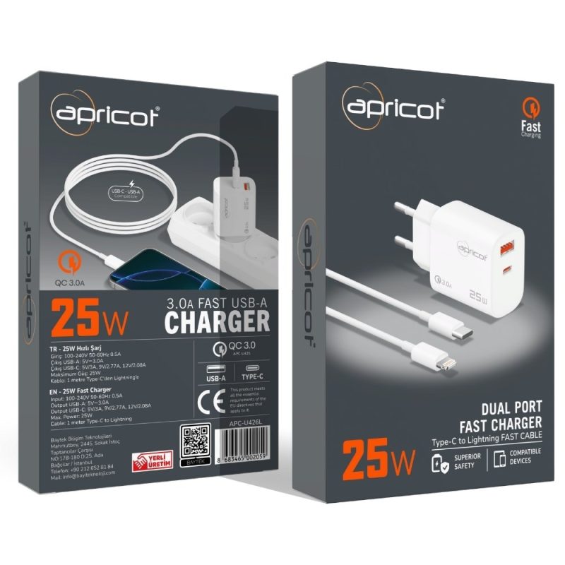 Apricot APC-U426L 25Watt USB + PD Çıkışlı Lightning Kablolu Beyaz Hızlı Şarj Seti