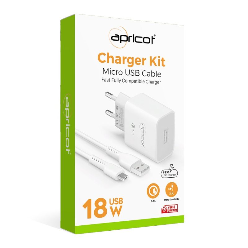 Apricot APC-U310M 3.4A Beyaz Micro USB +  Ev Şarj Adaptörü Seti