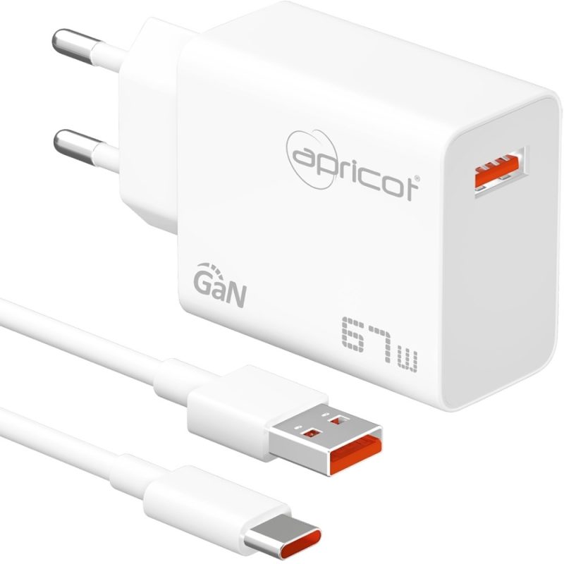 Apricot APC-U467 67W GaN TYPE-C Kablolu Beyaz EV/NOTEBOOK Şarj Adaptörü Set