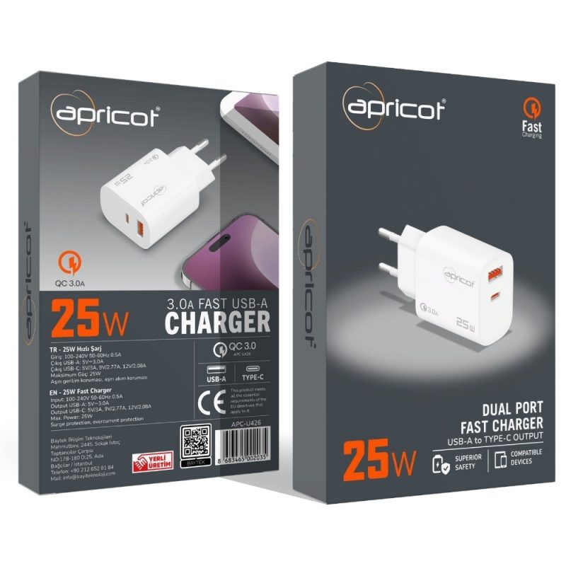 Apricot APC-U426 PD+USB Çıkışlı 25W Hızlı Ev Şarj Adaptörü