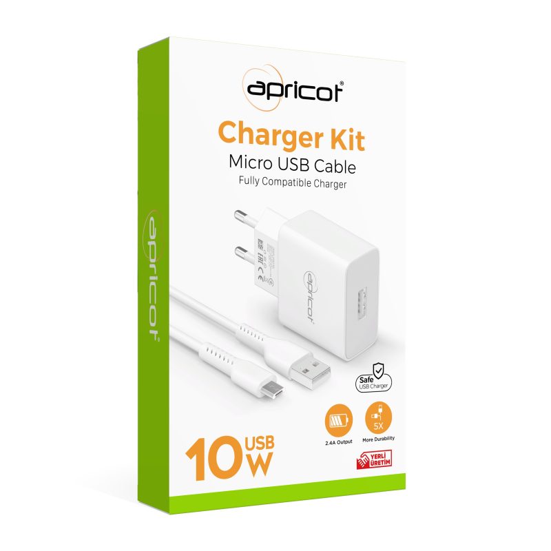 Apricot APC-U210M 2.4A Beyaz Micro USB +  Ev Şarj Adaptörü Seti
