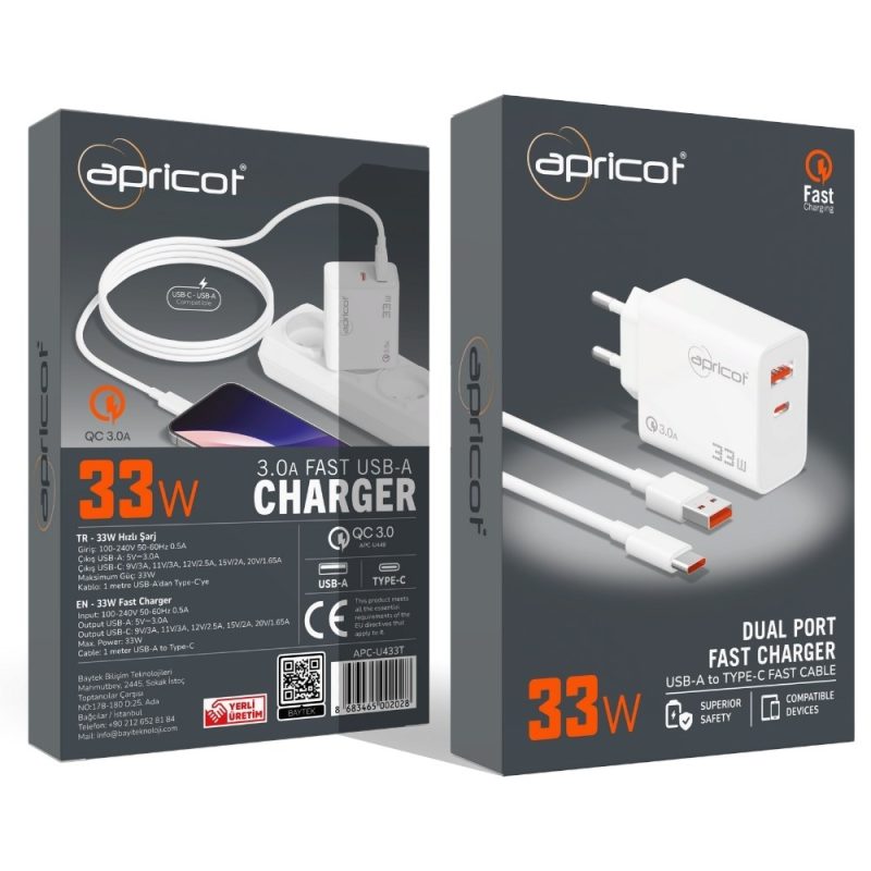 Apricot APC-U433T 33Watt USB + PD Çıkışlı Type-C Kablolu Beyaz Hızlı Şarj Seti