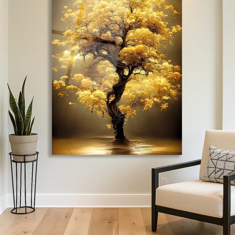 Sarı Yapraklı Ağaç Manzara Cam Tablo, Modern Ev Ofis Salon Duvar Dekoru Hediyelik Büyük Tablo Dekor