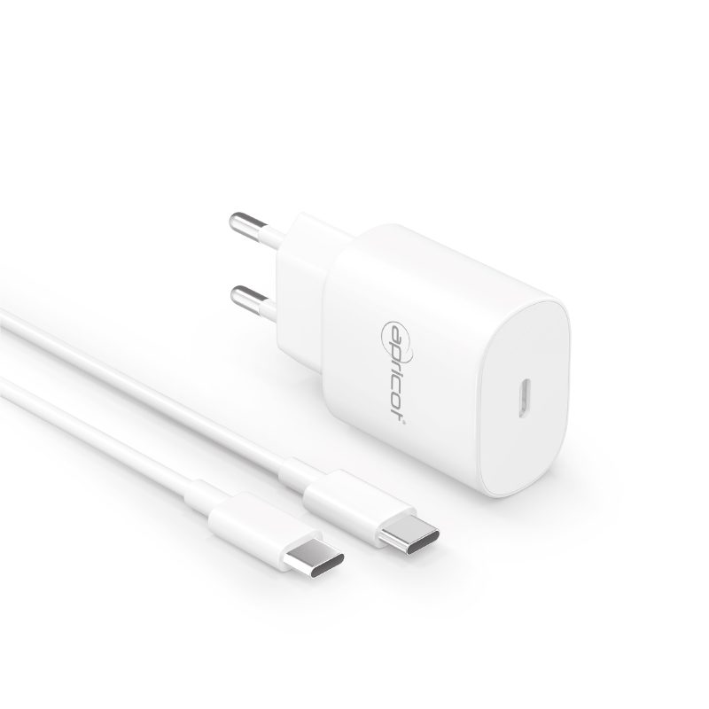 Apricot APC-PD25C Type-C 25W  + Type-C to Type-C  Beyaz Ev Şarj Adaptörü Seti