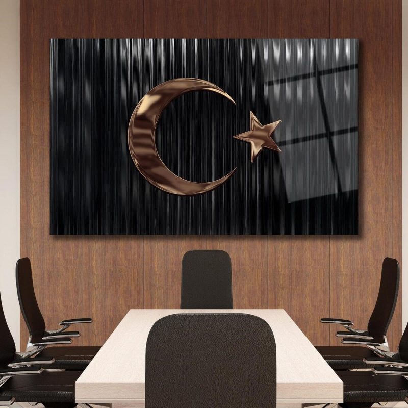 Türk Bayrağı Cam Tablo Bakır Renk Modern Ev Ofis Salon Kurum Hediyelik Tablo