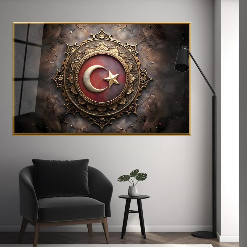 Türk Bayrağı Cam Tablo Ev Ofis Makam Odası Büyük Boy Duvar Dekoru