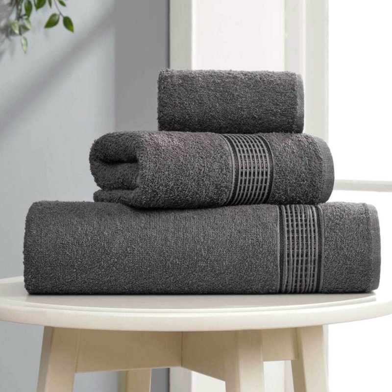 3 lü Banyo Havlusu Seti Pamuklu Ritim Antrasit