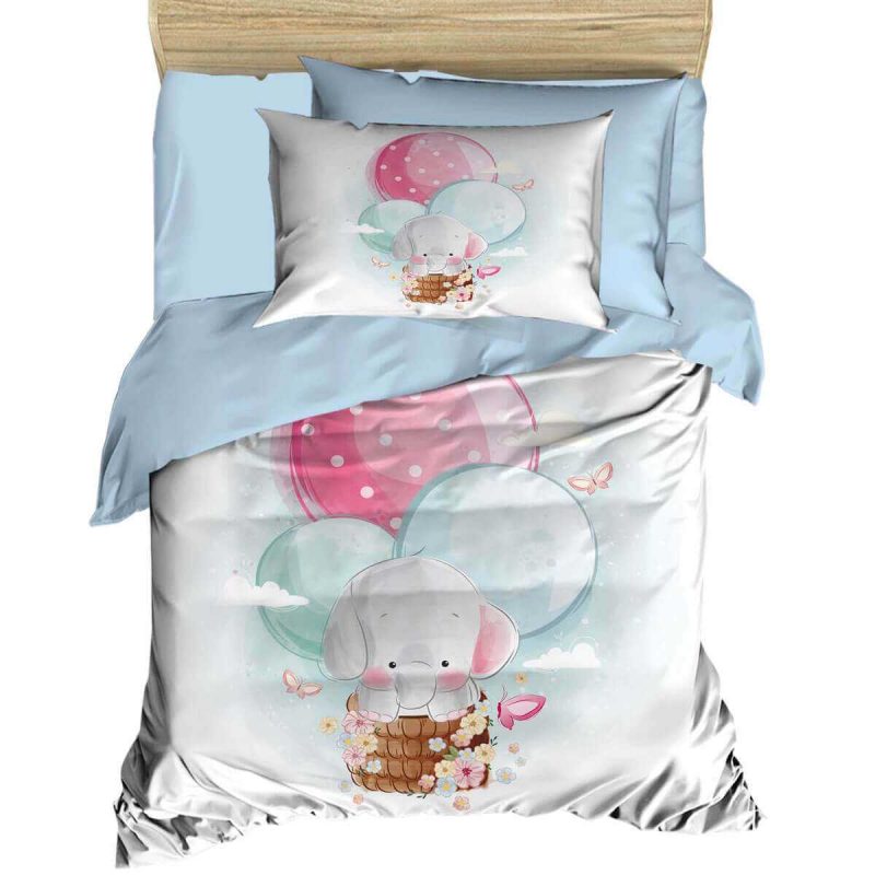 Dijital Baskılı 3d Pamuklu Yenidoğan Bebek Nevresim Takımı Elephant Baloon Blue