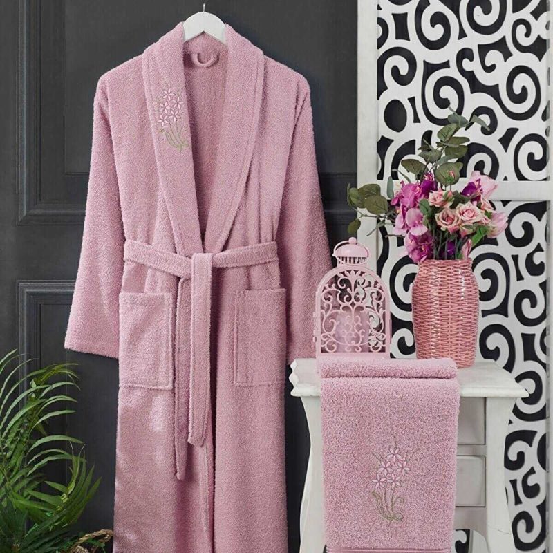 4 Parça Aile Bornoz Seti Kadın Erkek Havlulu Bornoz Takımı 100 Lacivert Pembe