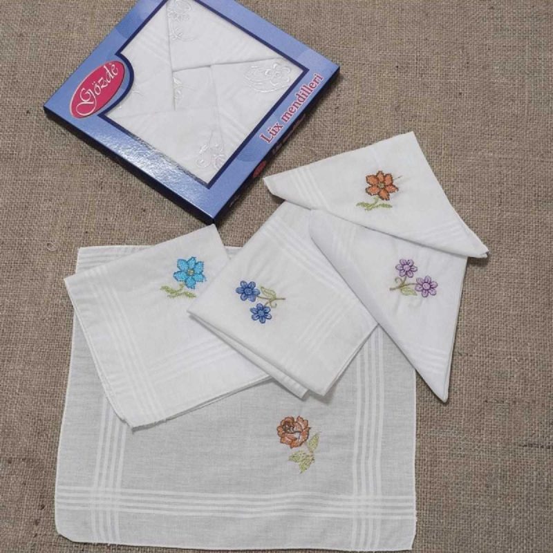 İşlemeli Bayan Mendili 12 Adet 28x28 cm 100 Pamuk