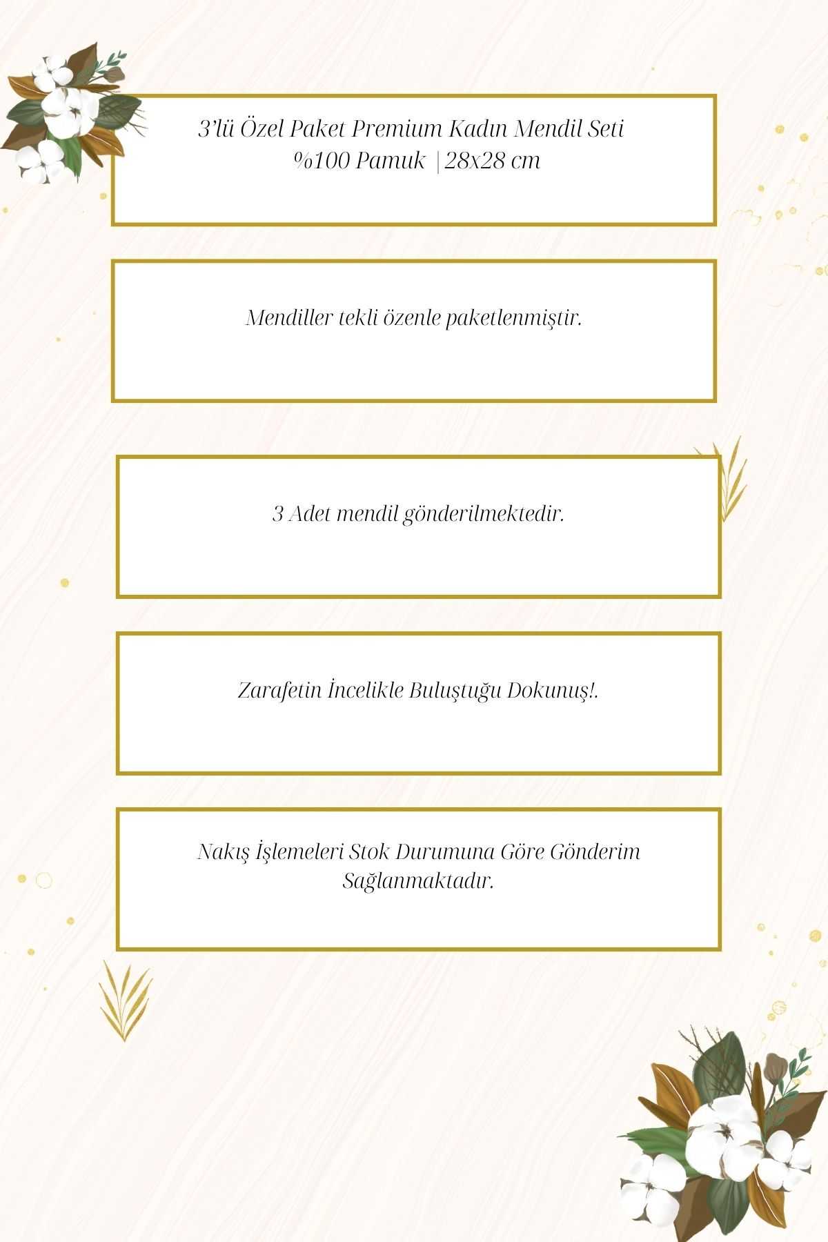 3’lü Özel Paket Premium Kadın İşlemeli Mendil Seti  %100 Pamuk 28x28 Cm - Görsel 4