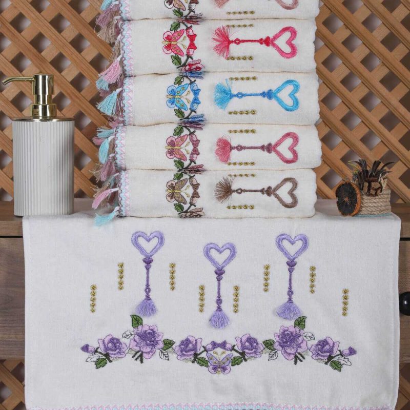 6 lı Kalp Çiçek Nakışlı Püsküllü Mutfak Havlusu Takımı 30 x 50 Cm