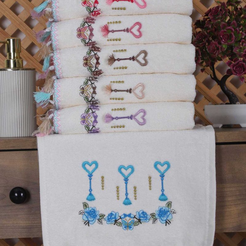 6 lı Kalp Çiçek Nakışlı El Yüz Havlu Seti Püsküllü Havlu Takımı 50 x 90 Cm