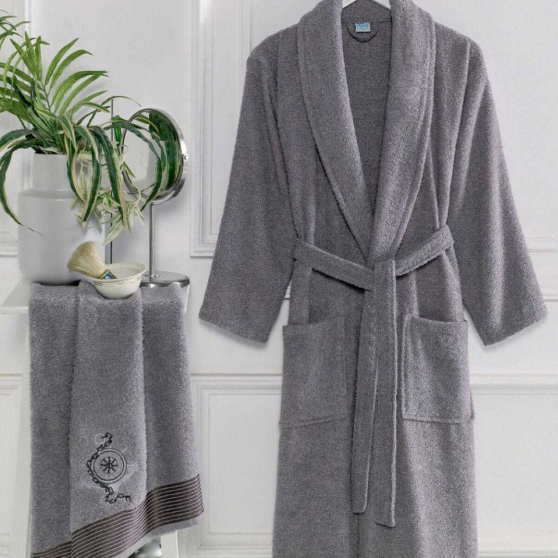 Erkek Havlulu Banyo Bornoz Takımı %100 Pamuklu Antrasit