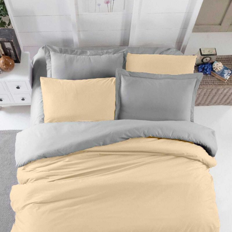 Çift Kişilik Lastikli Çarşaflı Nevresim Takımı Pamuklu Four Season Bej Gri